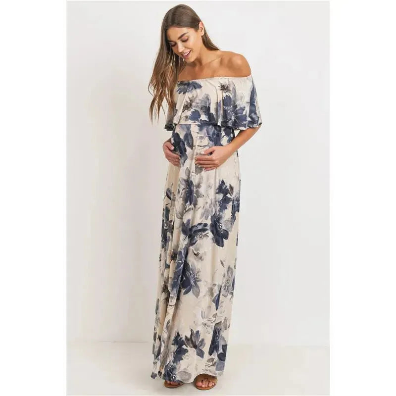 Hello Miz - Ruffle Off The Shoulder Maxi Maternity Dress, Taupe Image 2