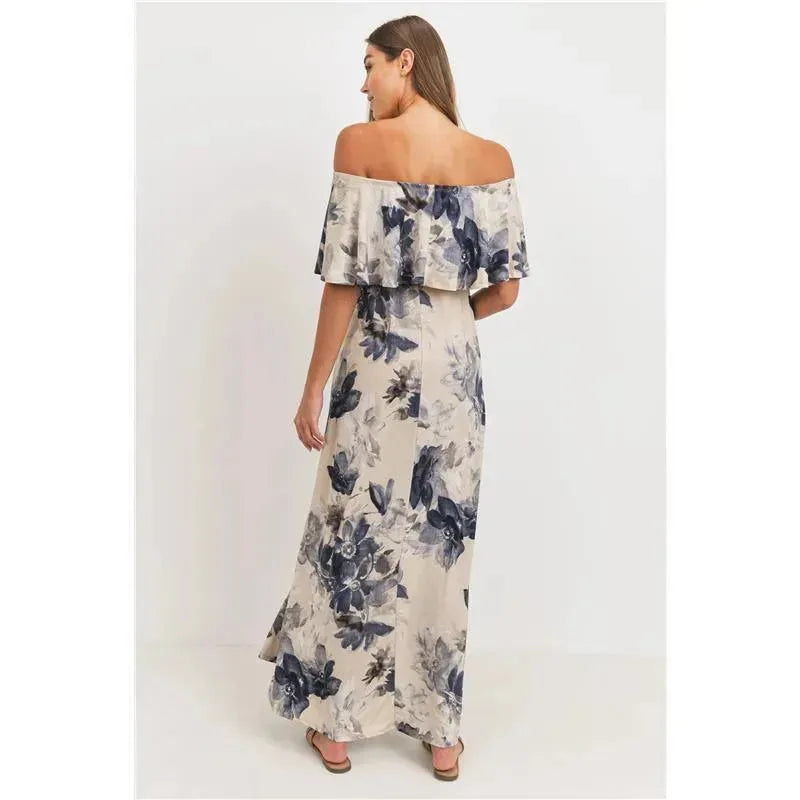 Hello Miz - Ruffle Off The Shoulder Maxi Maternity Dress, Taupe Image 3