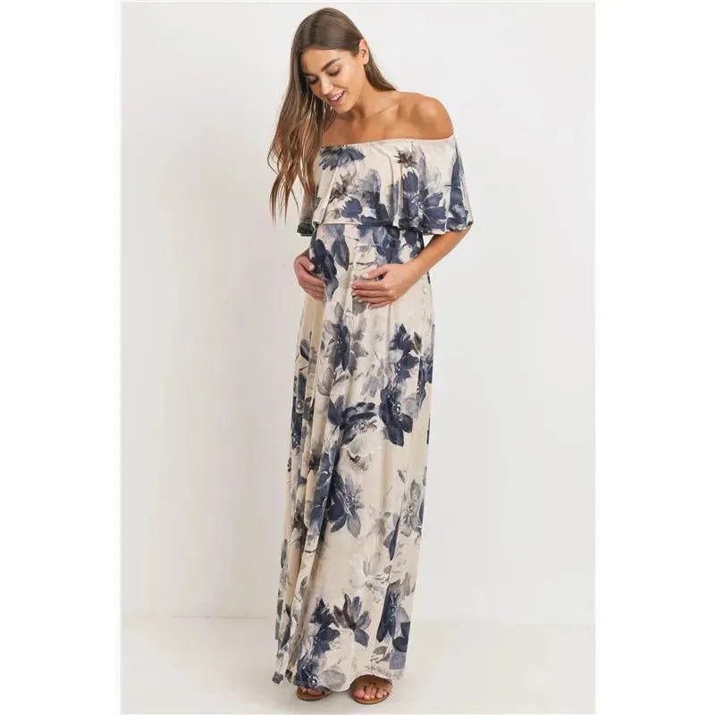 Hello Miz - Ruffle Off The Shoulder Maxi Maternity Dress, Taupe.