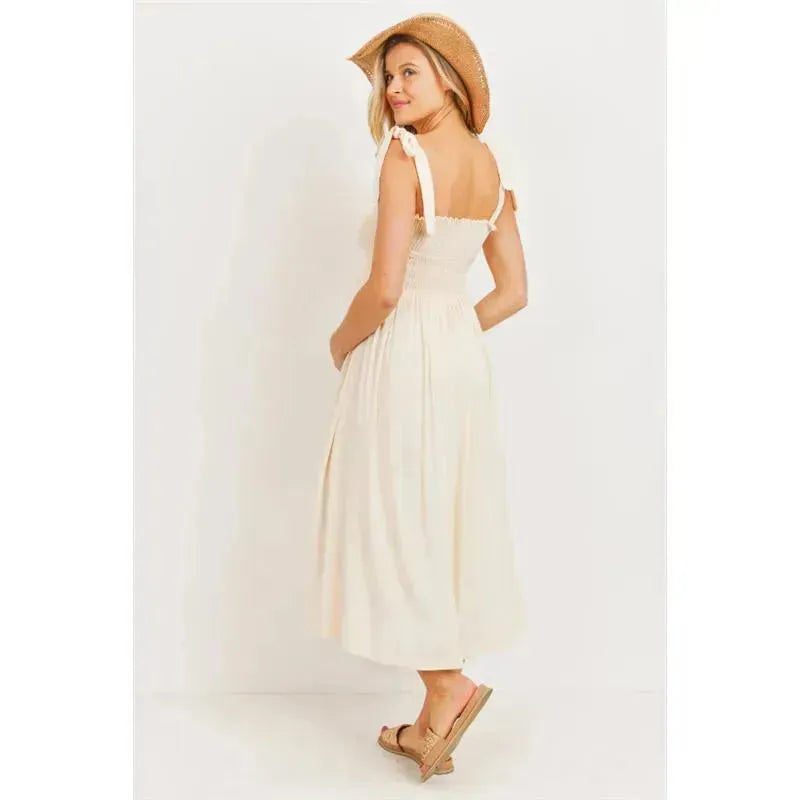 Hello Miz - Smocked Tie-Shoulder Maternity Midi Dress, Oatmeal Image 4