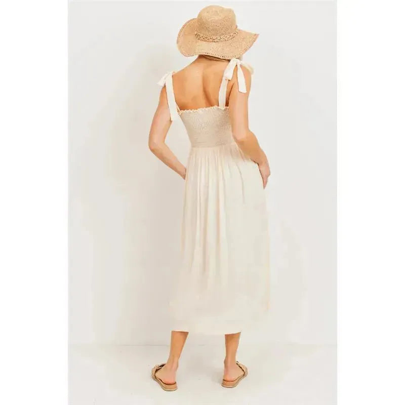 Hello Miz - Smocked Tie-Shoulder Maternity Midi Dress, Oatmeal Image 5