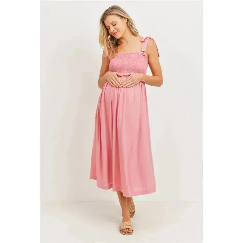 Hello Miz - Smocked Tie-Shoulder Maternity Midi Dress, Pink Image 2