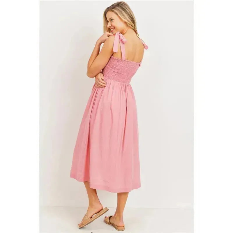 Hello Miz - Smocked Tie-Shoulder Maternity Midi Dress, Pink Image 4