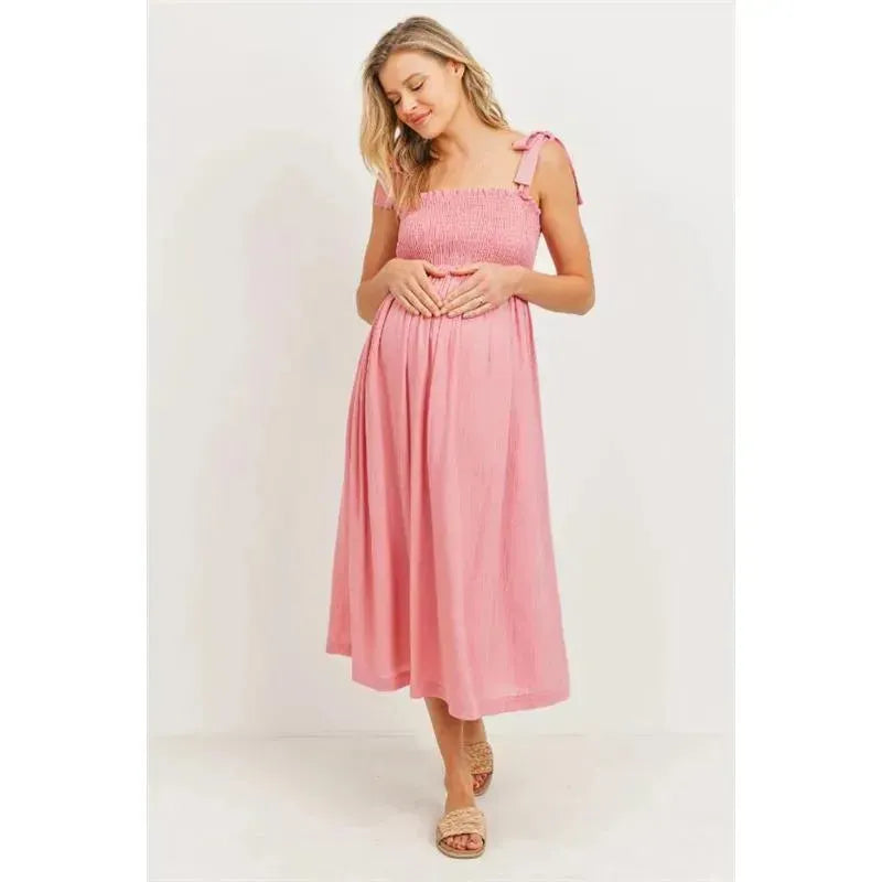 Hello Miz - Smocked Tie Strap Maternity Midi Dress Image 5