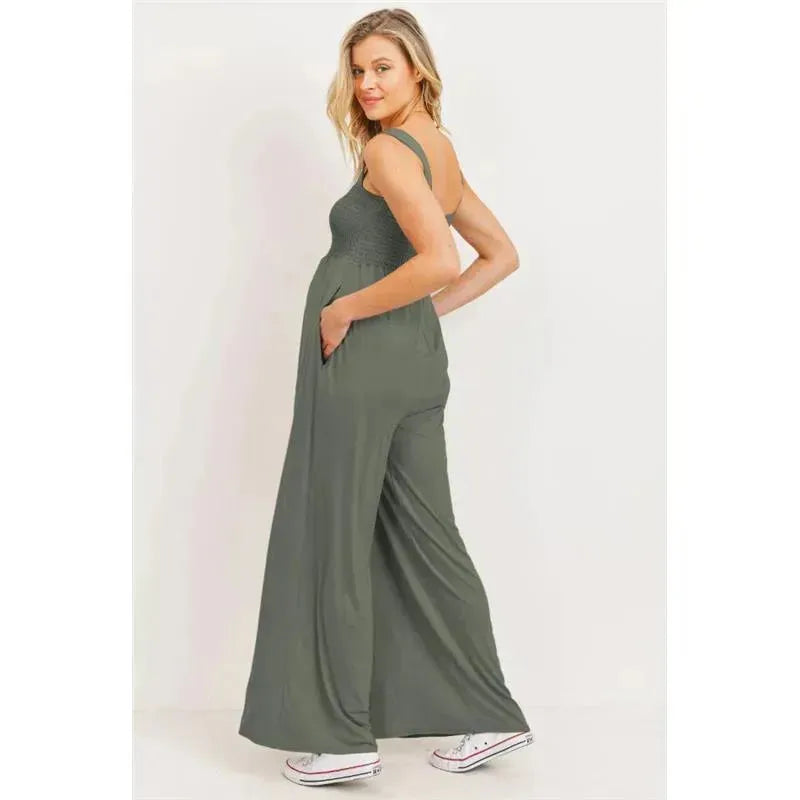 Hello Miz - Square Neck Smocked Maternity Flared Jumpsuit, Olive Image 3