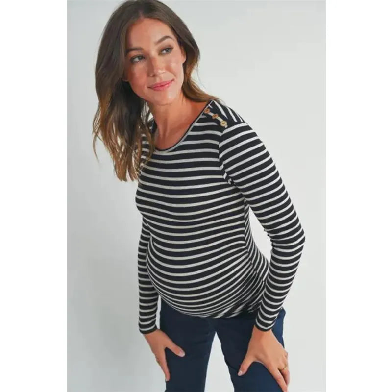 Hello Miz - Striped Button Trim Long Sleeve Maternity Top, Black Image 3