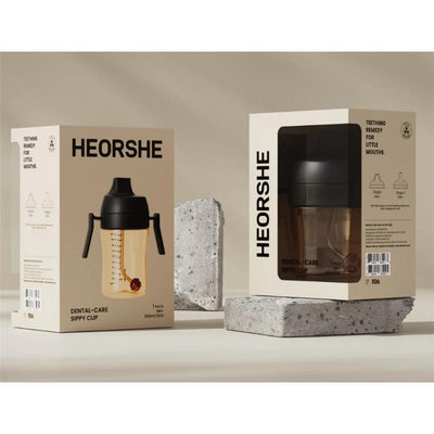 Heorshe Dental-Care Sippy Cup, 10oz/300ml, in black, displayed in packaging with details visible on the box.