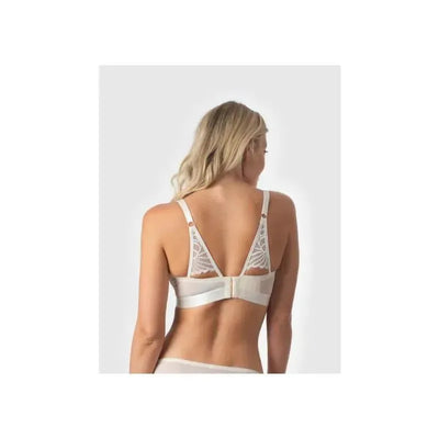 Ivory wirefree nursing bra with soft cup design, featuring lace detailing on the back straps and adjustable closure.