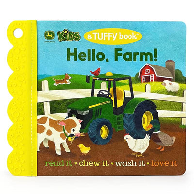 House of Marbles - Hello Farm! John Deere Tuffy Book with a colorful farm scene featuring a tractor, animals, and playful text.
