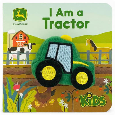 House of Marbles I Am A Tractor Finger Puppet Book featuring a green tractor puppet, vibrant farm scenery, and colorful text.