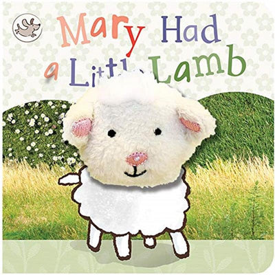 Mary Had a Little Lamb Finger Puppet Book featuring a soft, plush lamb character on a colorful background with grass and flowers.
