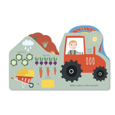 Wibbly Wobbly Farm Book featuring a colorful tractor, vegetables like carrots and beetroots, and a child smiling.
