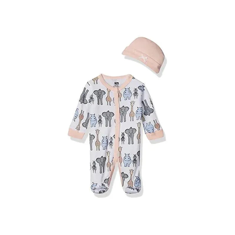 Hudson Baby - 2Pk Pink Safari Baby Girl Preemie Sleep & Play and Cap Image 1