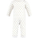 Cotton coverall for girls featuring a white base with gold heart patterns and snap closures at the bottom.