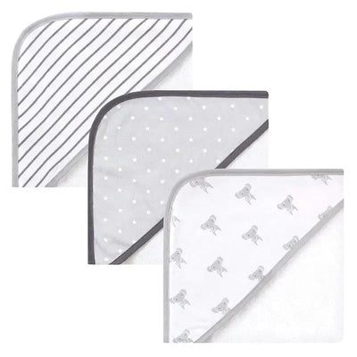 Set of three Hudson Baby cotton-rich hooded towels featuring striped, starry, and elephant patterns.