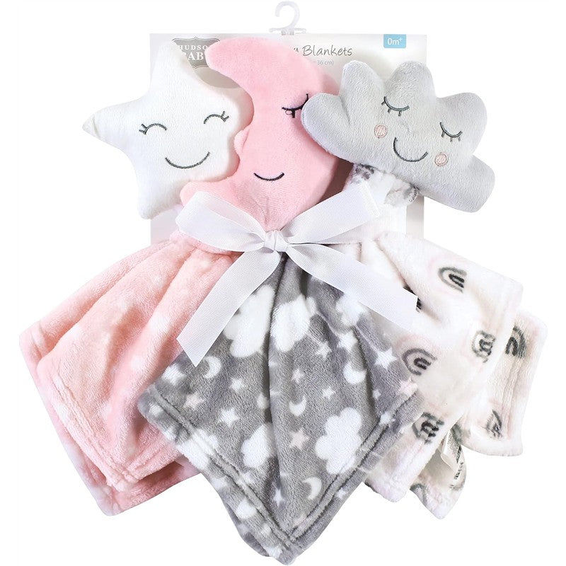 Plush security blankets three-pack featuring a pink star, pink moon, and gray cloud designs, tied with a white ribbon.