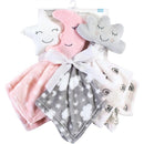 Plush security blankets three-pack featuring a pink star, pink moon, and gray cloud designs, tied with a white ribbon.