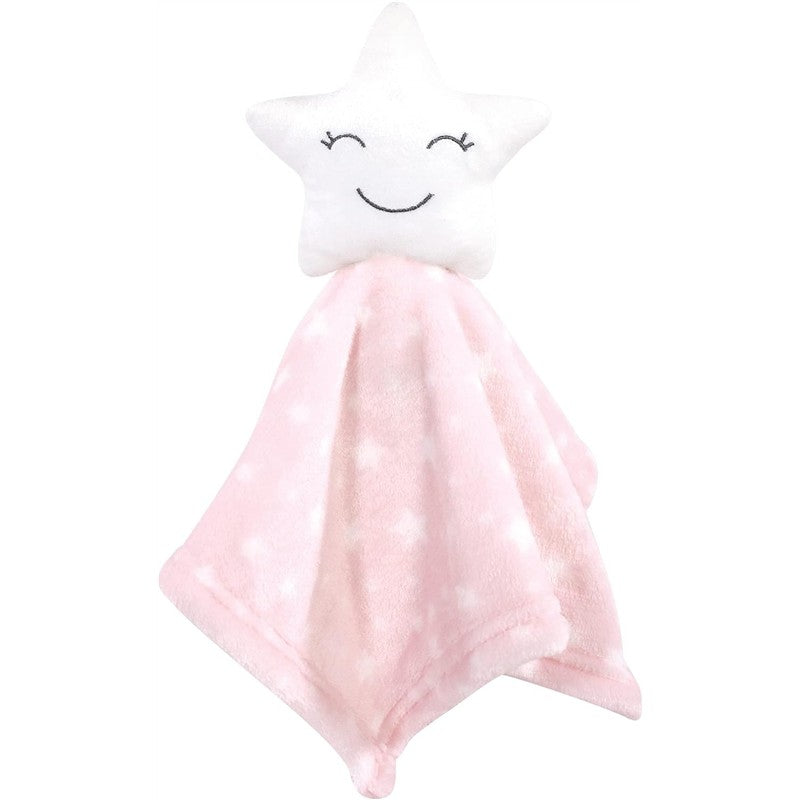 Plush security blanket featuring a smiling star head with pink fabric and white star patterns.
