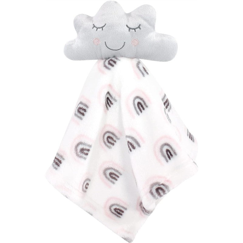 Plush security blanket with a smiling gray cloud head and a white body featuring rainbow designs.