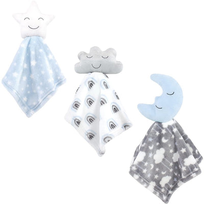 Plush security blankets featuring a smiling star, cloud, and crescent moon, in soft pastel colors with decorative patterns.