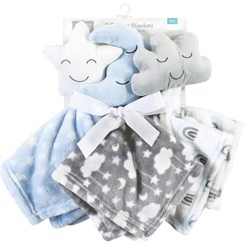 Plush security blankets set featuring three designs: a star, moon, and cloud in soft pastel colors, tied with a ribbon.