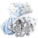 Plush security blankets set featuring three designs: a star, moon, and cloud in soft pastel colors, tied with a ribbon.