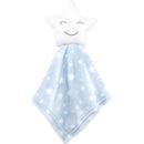 Plush security blanket featuring a smiling star head, blue fabric with white stars, designed for infants.