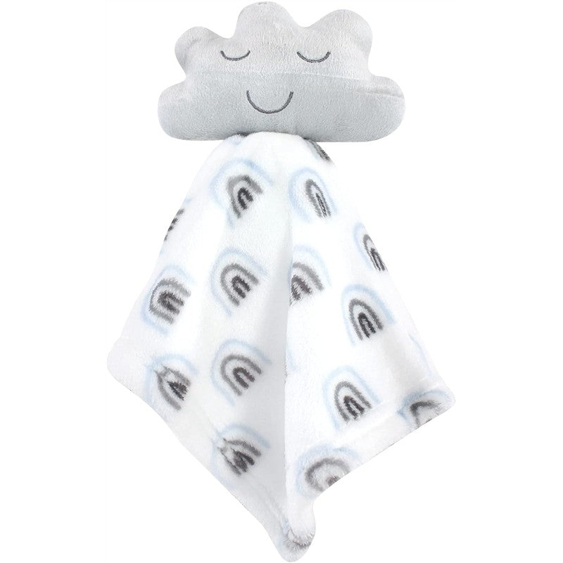 Plush security blanket featuring a cloud head and a soft fabric displaying rainbow patterns in muted colors.