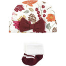 Preemie thermal layette set featuring a floral hat with a maroon bow and matching maroon and white socks.