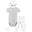 Preemie thermal layette set with a gray short sleeve onesie, white pants with snowflakes, matching hat, and socks.