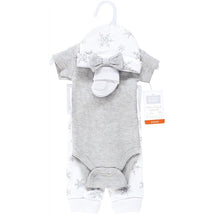 Preemie thermal short sleeve layette set in gray and white, featuring snowflake patterns, a bow, and included socks.