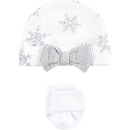 White thermal hat with snowflake design and bow, accompanied by matching white booties.