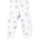 Preemie thermal short sleeve layette set featuring soft white pants with a snowflake pattern and ribbed cuffs.