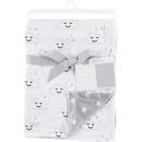 Reversible gray mink blanket with smiling cloud pattern on one side and star pattern on the other, tied with a ribbon.