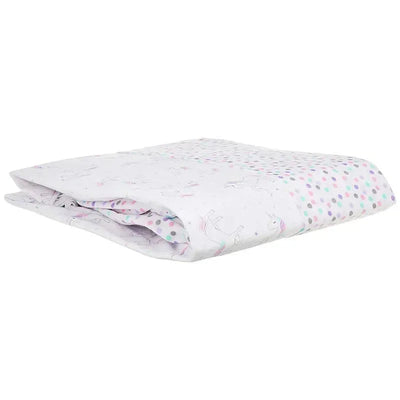 Unisex cotton fitted crib sheet featuring a magical unicorn print and colorful polka dots on a white background.