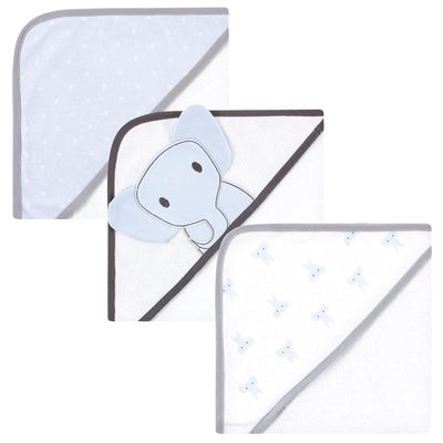Hooded towels featuring blue elephant designs, suitable for unisex babies, with cotton-rich material.