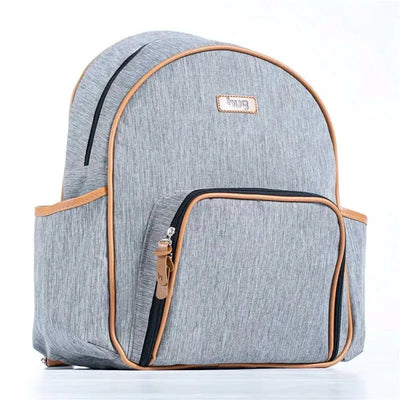 Grey Hug New York Backpack features brown accents and a front zippered pocket, ideal for casual use.