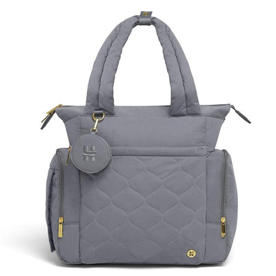 HUGGIES Cozy Hugpack Tote Diaper Bag in Quiet Smoke Quilted design, featuring gold zippers and a detachable logo tag.