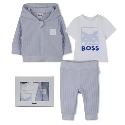 Pale blue cardigan, trousers, and T-shirt set for boys by Hugo Boss, featuring a logo graphic on the shirt.