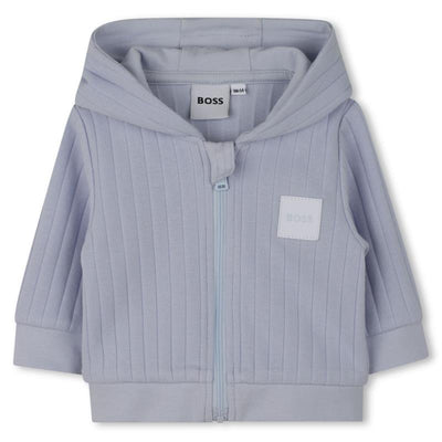 Pale blue cardigan for boys by Hugo Boss, featuring a zip front, ribbed texture, and a small logo patch.