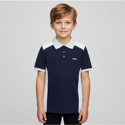 Navy colorblock polo for baby boys by Hugo Boss, featuring a light blue collar and logo on the chest.