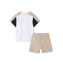 Short sleeve tee with white body and beige and navy sleeves, paired with beige shorts suitable for boys.
