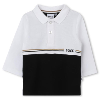 Long sleeve black and white polo for boys by Hugo Boss, featuring a buttoned collar and logo detail.