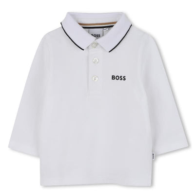 Long sleeve white polo shirt for boys by Hugo Boss featuring a black logo and contrasting collar trim.