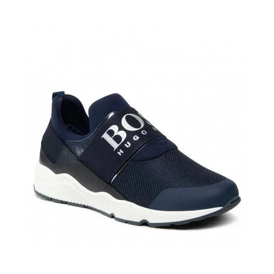 Black Hugo Boss sneaker for baby boys featuring a slip-on design, mesh upper, and branded strap.