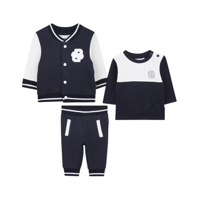 Navy Hugo Boss Baby tracksuit set, featuring a zip-up jacket, matching pants, and a short-sleeve tee with logo details.