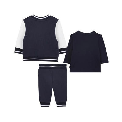 Navy Hugo Boss baby boy tracksuit set with two tops and matching pants, featuring white stripes on sleeves and cuffs.