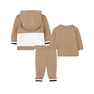 Beige Hugo Boss Baby tracksuit and tee set, featuring a hooded jacket and matching pants with white and black details.