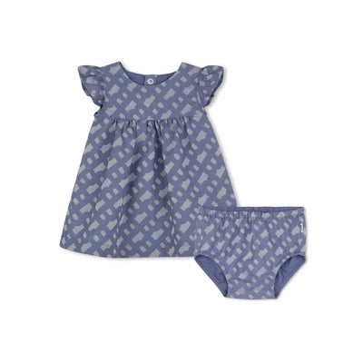 Hugo Boss Baby girl dress and bloomer set in blue with a patterned design and ruffled sleeves.