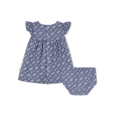 Blue girl dress with flutter sleeves and button closure, accompanied by a matching bloomer, featuring a geometric pattern.